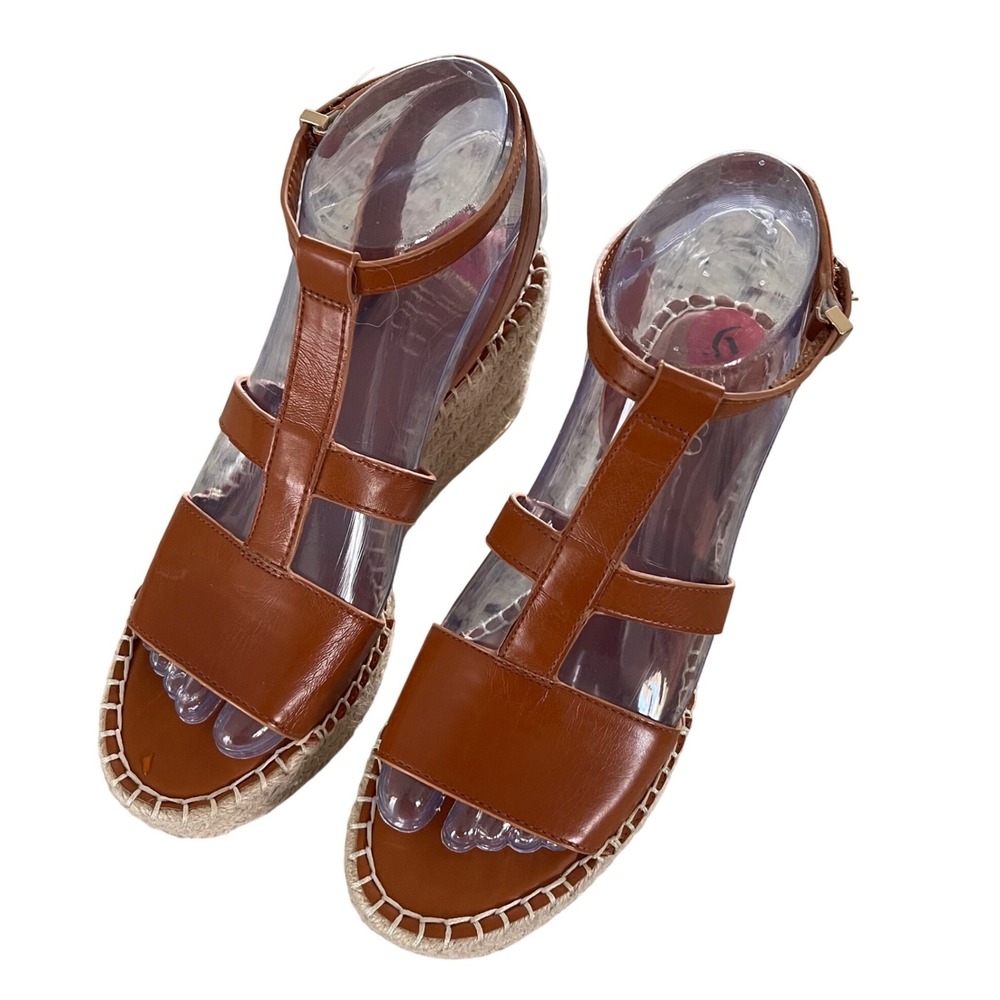 Franco Sarto Cassia Cognac Brown Espadrille Wedge Sandals T-Strap Womens 6M NWT